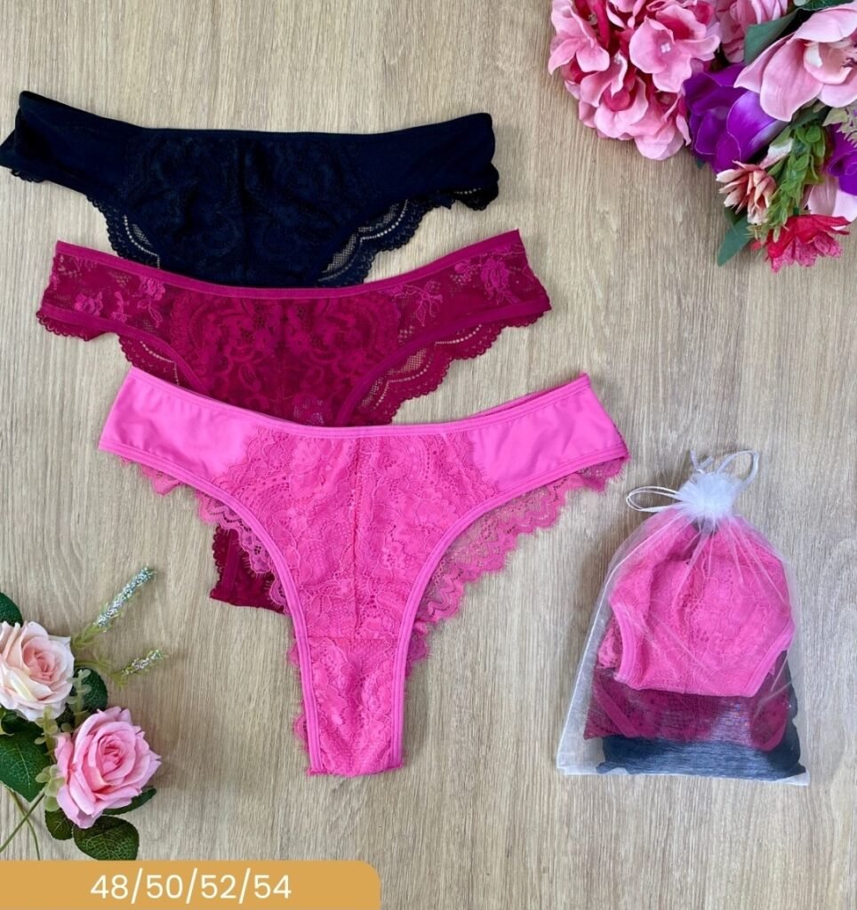 kit com 3 calcinhas fio em renda do 50 ao 54